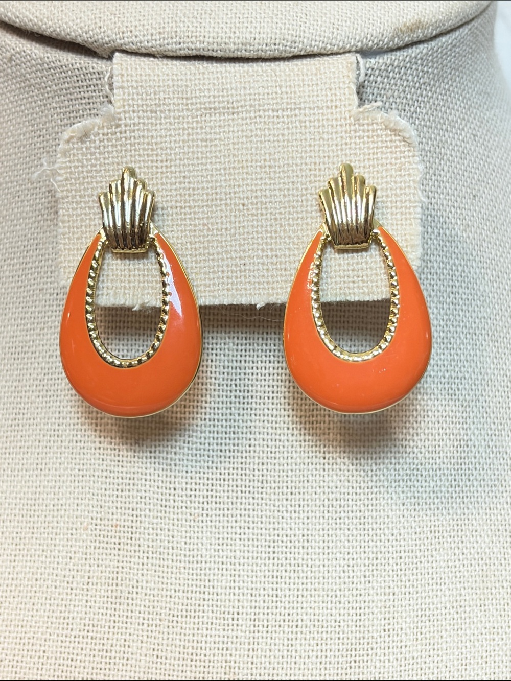 Gold-Tone Orange Teardrop Clip-On Earrings